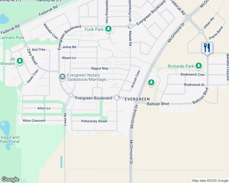 map of restaurants, bars, coffee shops, grocery stores, and more near 102 Manek Road in Saskatoon