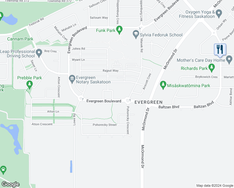 map of restaurants, bars, coffee shops, grocery stores, and more near 211 Evergreen Square in Saskatoon