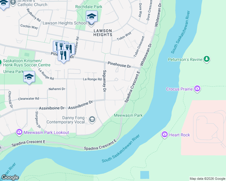 map of restaurants, bars, coffee shops, grocery stores, and more near 145 Sandy Court in Saskatoon