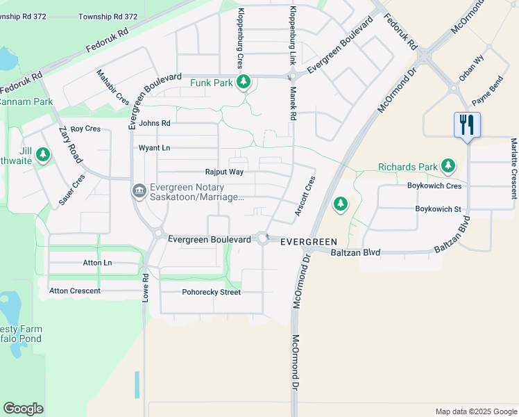 map of restaurants, bars, coffee shops, grocery stores, and more near 102 Manek Road in Saskatoon