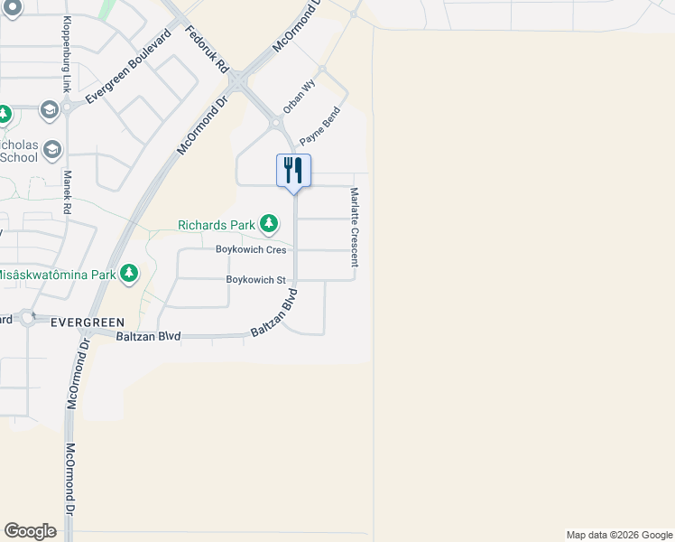 map of restaurants, bars, coffee shops, grocery stores, and more near 180 Marlatte Crescent in Saskatoon