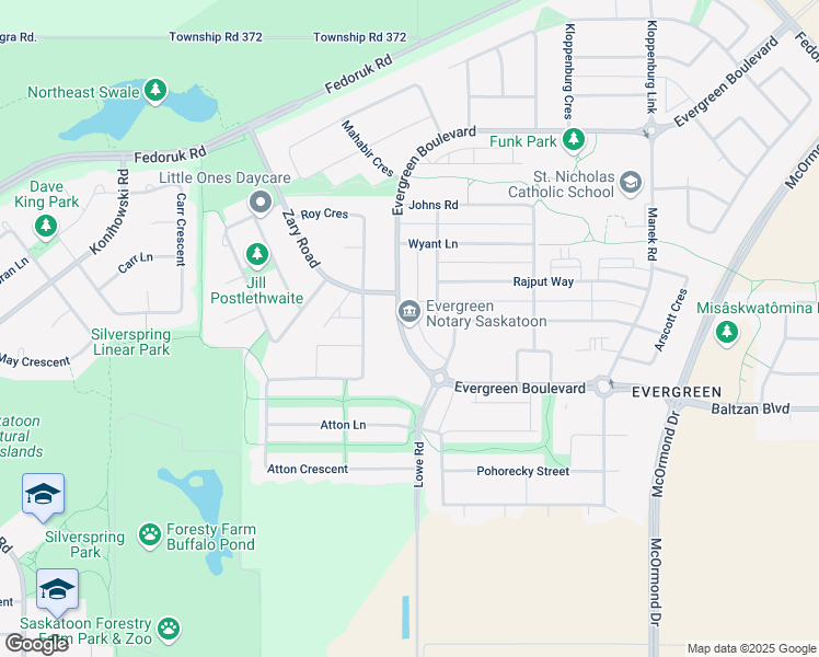 map of restaurants, bars, coffee shops, grocery stores, and more near 411 Evergreen Boulevard in Saskatoon