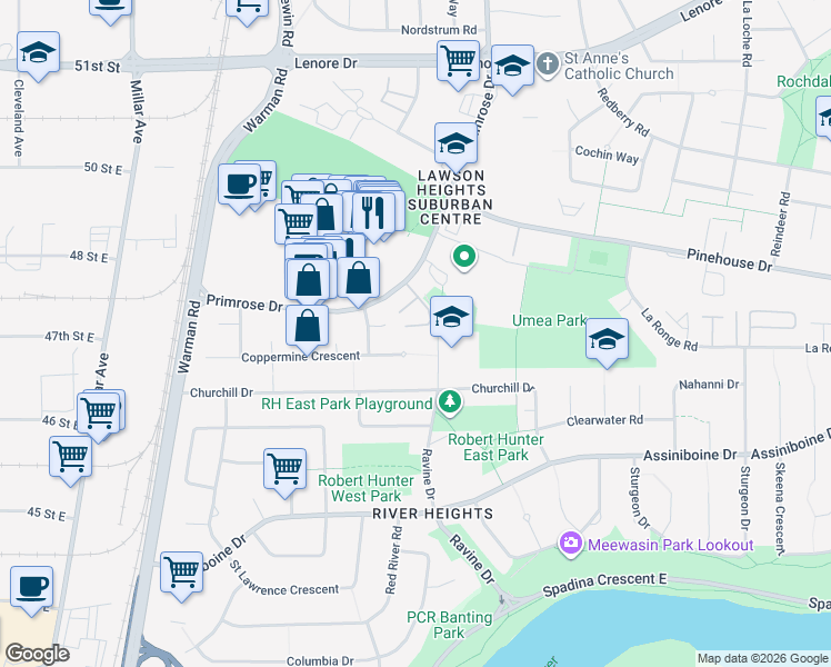 map of restaurants, bars, coffee shops, grocery stores, and more near 215 Primrose Drive in Saskatoon