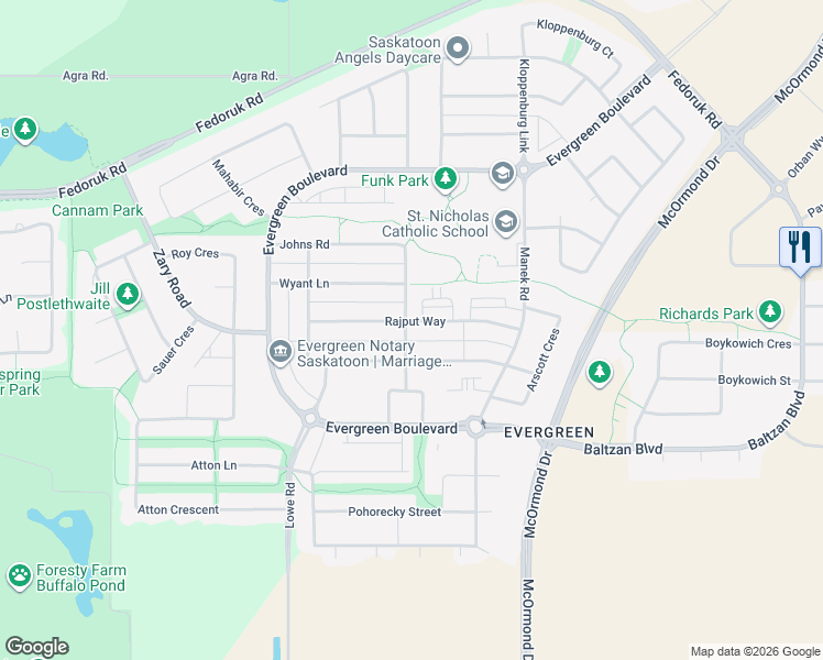 map of restaurants, bars, coffee shops, grocery stores, and more near 201 Rajput Way in Saskatoon