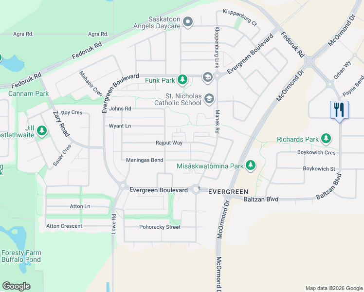 map of restaurants, bars, coffee shops, grocery stores, and more near 229 Rajput Way in Saskatoon