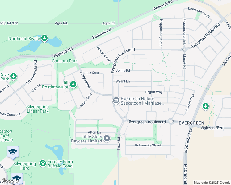 map of restaurants, bars, coffee shops, grocery stores, and more near 511 Evergreen Boulevard in Saskatoon