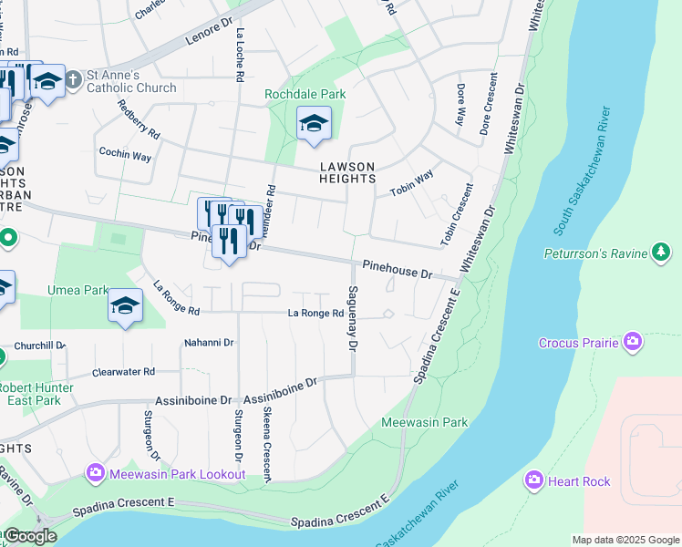 map of restaurants, bars, coffee shops, grocery stores, and more near 310 Saguenay Drive in Saskatoon