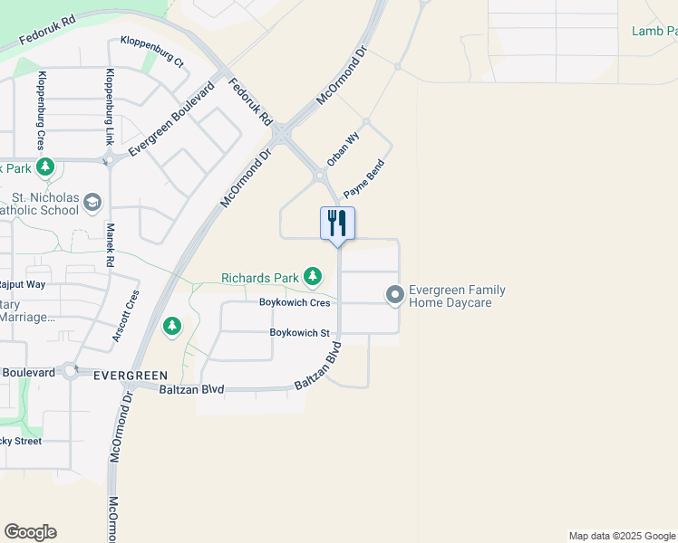 map of restaurants, bars, coffee shops, grocery stores, and more near Baltzan Boulevard in Saskatoon
