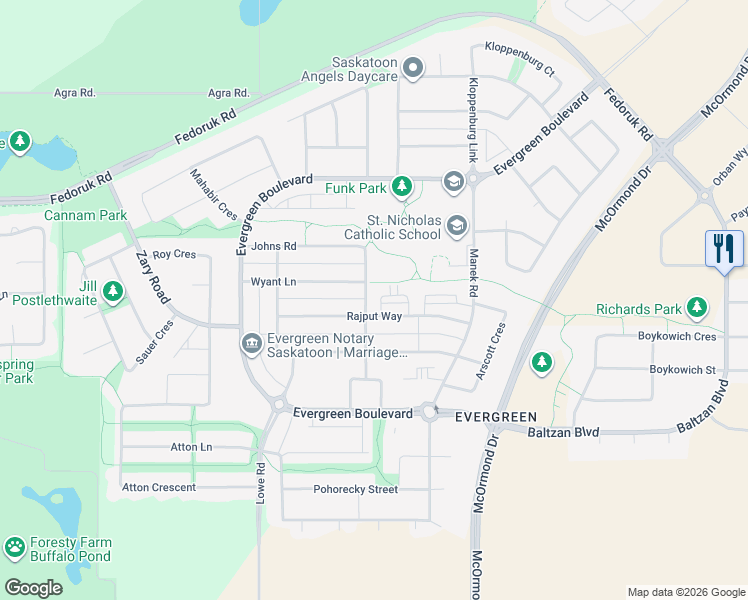 map of restaurants, bars, coffee shops, grocery stores, and more near 201 Rajput Way in Saskatoon