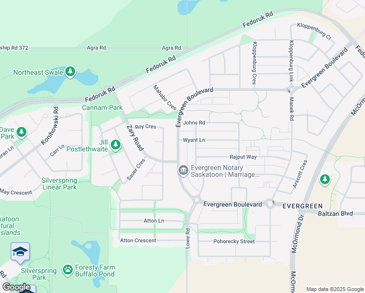 map of restaurants, bars, coffee shops, grocery stores, and more near 539 Evergreen Boulevard in Saskatoon