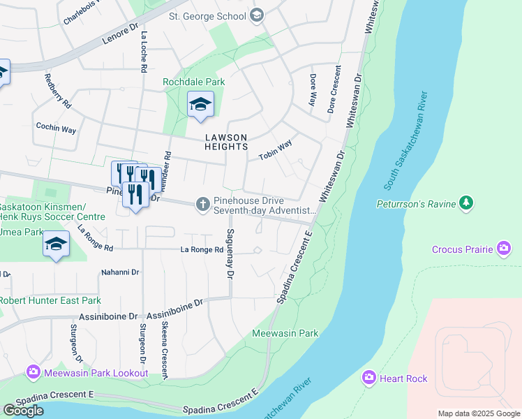 map of restaurants, bars, coffee shops, grocery stores, and more near 430 Pinehouse Drive in Saskatoon