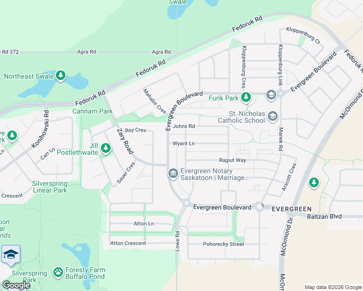 map of restaurants, bars, coffee shops, grocery stores, and more near 115 Johns Road in Saskatoon