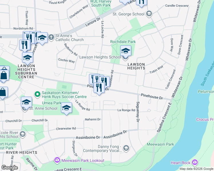 map of restaurants, bars, coffee shops, grocery stores, and more near 103 Reindeer Road in Saskatoon