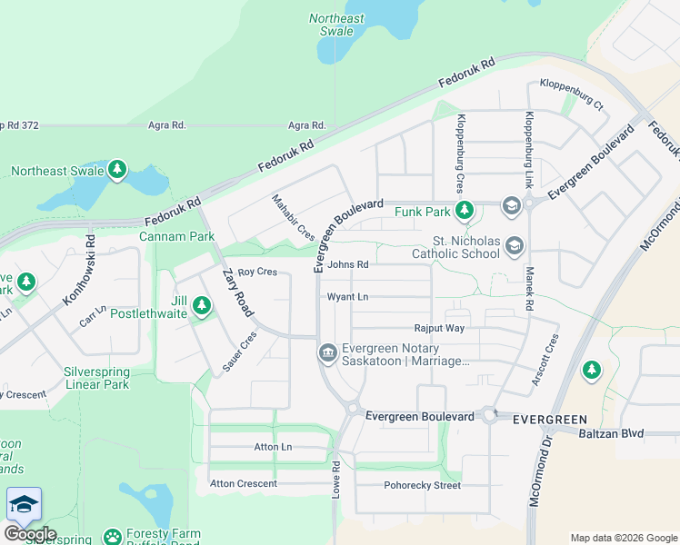 map of restaurants, bars, coffee shops, grocery stores, and more near 115 Johns Road in Saskatoon