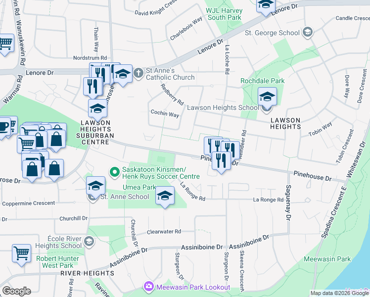 map of restaurants, bars, coffee shops, grocery stores, and more near 232 Pinehouse Drive in Saskatoon