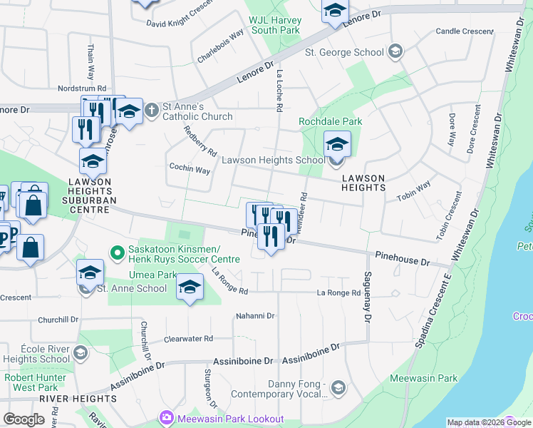 map of restaurants, bars, coffee shops, grocery stores, and more near 266 Pinehouse Place in Saskatoon