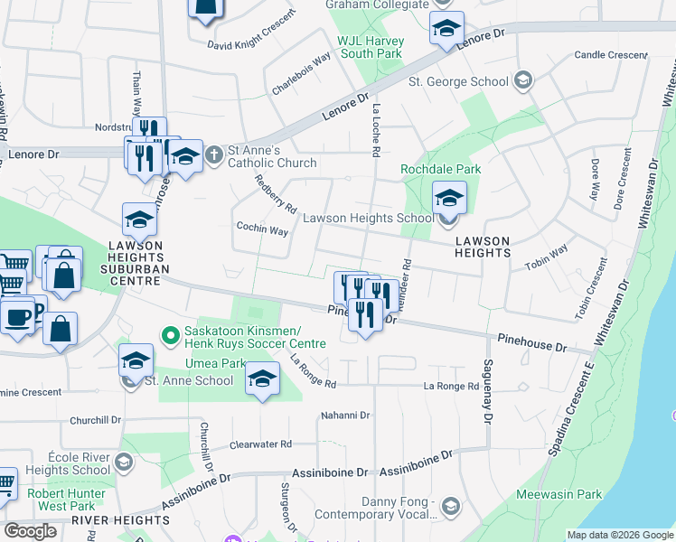 map of restaurants, bars, coffee shops, grocery stores, and more near 258 Pinehouse Place in Saskatoon