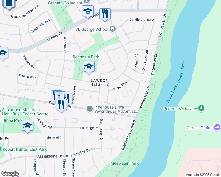 map of restaurants, bars, coffee shops, grocery stores, and more near 602 Tobin Way in Saskatoon