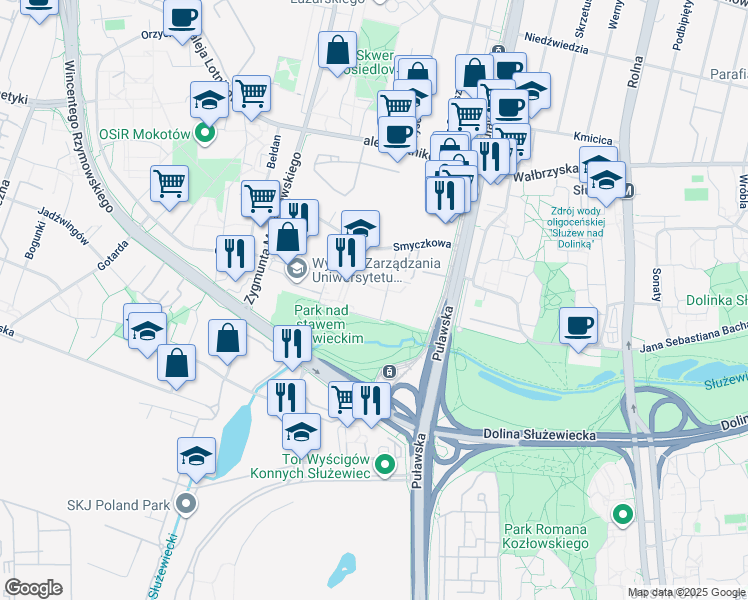 map of restaurants, bars, coffee shops, grocery stores, and more near 2B Szturmowa in Warszawa