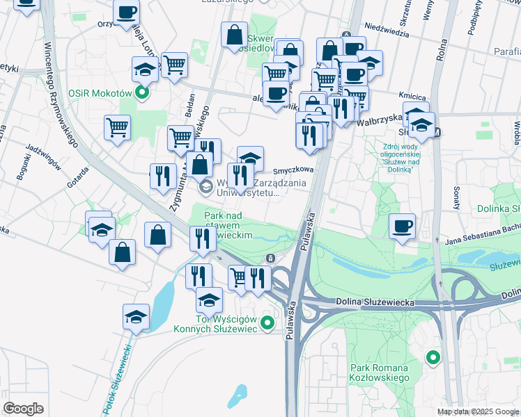 map of restaurants, bars, coffee shops, grocery stores, and more near 2B Szturmowa in Warszawa