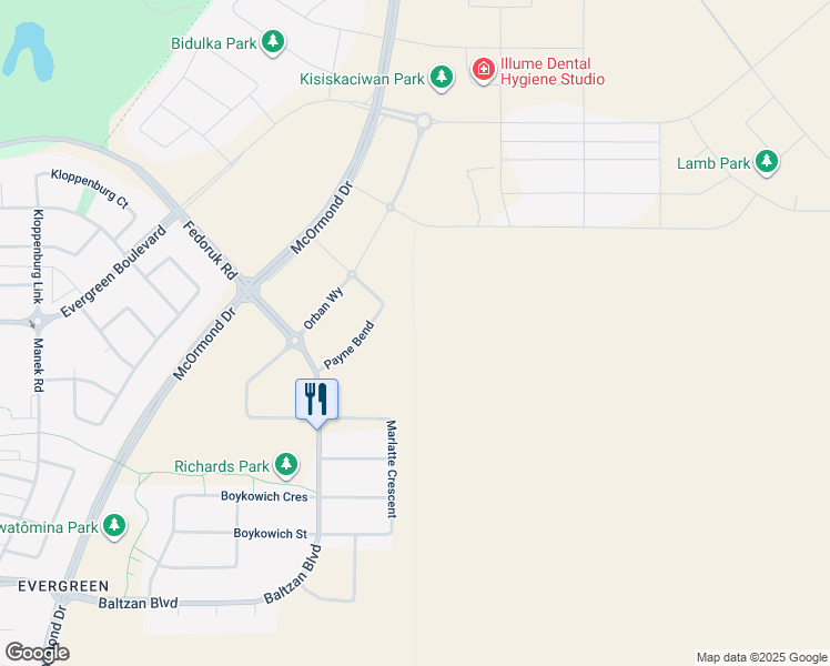 map of restaurants, bars, coffee shops, grocery stores, and more near Range Road 3045 in Saskatoon