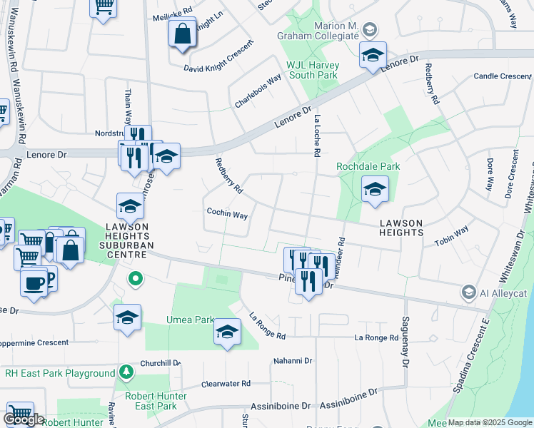 map of restaurants, bars, coffee shops, grocery stores, and more near 107 Turtle Crescent in Saskatoon