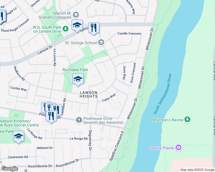 map of restaurants, bars, coffee shops, grocery stores, and more near 550 Redberry Road in Saskatoon