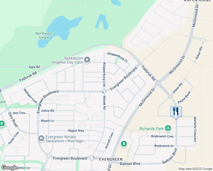 map of restaurants, bars, coffee shops, grocery stores, and more near 315 Kloppenburg Link in Saskatoon