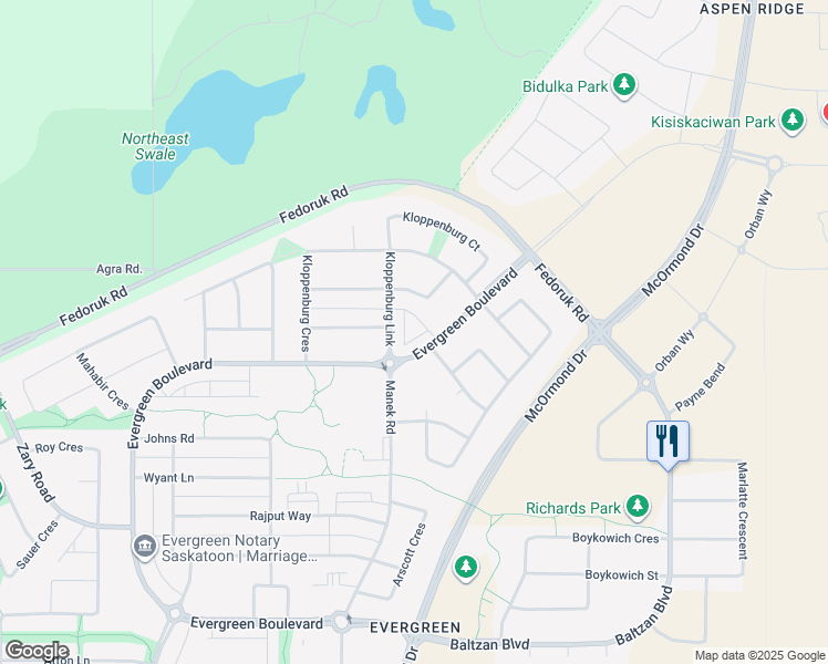 map of restaurants, bars, coffee shops, grocery stores, and more near 1106 Evergreen Boulevard in Saskatoon