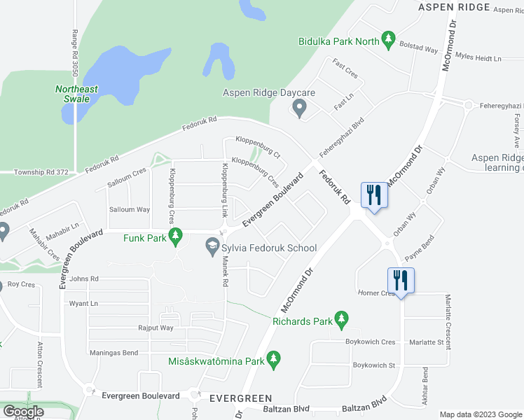 map of restaurants, bars, coffee shops, grocery stores, and more near 1106 Evergreen Boulevard in Saskatoon