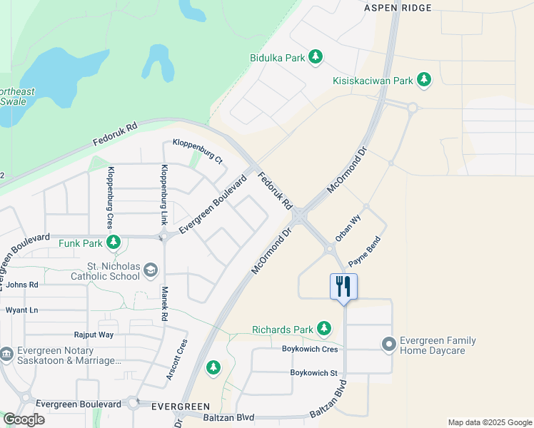 map of restaurants, bars, coffee shops, grocery stores, and more near Glacial Shores Common in Saskatoon