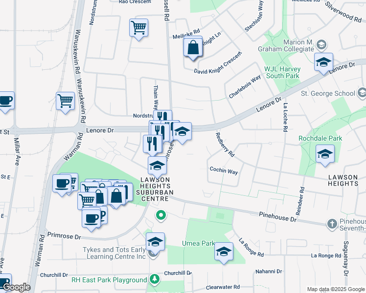 map of restaurants, bars, coffee shops, grocery stores, and more near 231 Primrose Drive in Saskatoon