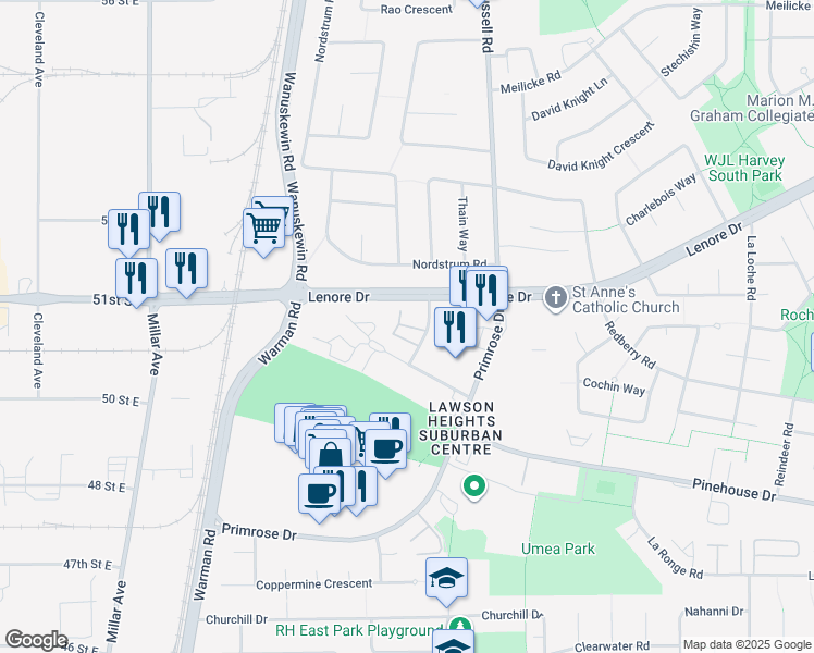 map of restaurants, bars, coffee shops, grocery stores, and more near 75 Lenore Drive in Saskatoon