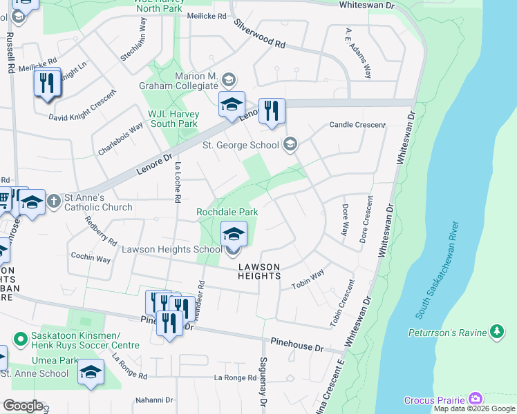 map of restaurants, bars, coffee shops, grocery stores, and more near 423 Frobisher Place in Saskatoon