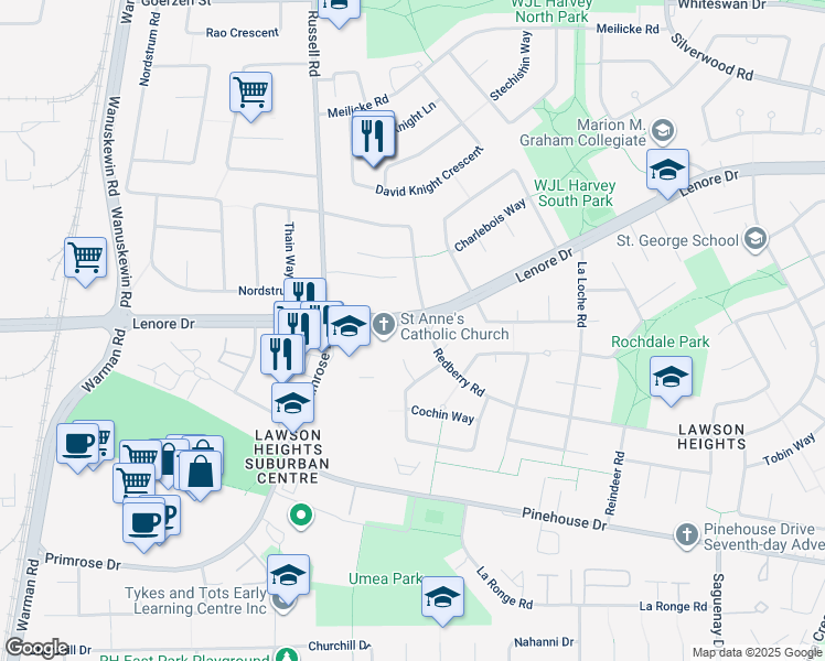 map of restaurants, bars, coffee shops, grocery stores, and more near 235 Lenore Drive in Saskatoon