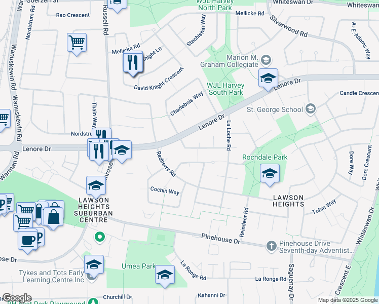 map of restaurants, bars, coffee shops, grocery stores, and more near 123 Nokomis Crescent in Saskatoon