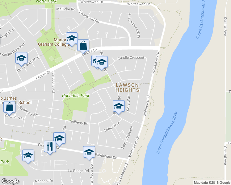 map of restaurants, bars, coffee shops, grocery stores, and more near 650 Redberry Road in Saskatoon