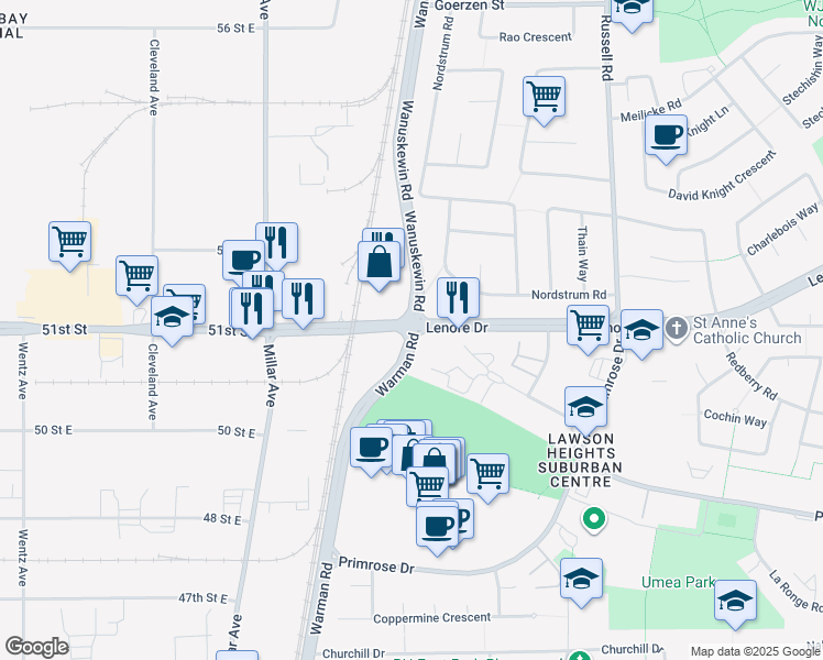 map of restaurants, bars, coffee shops, grocery stores, and more near 75 Lenore Drive in Saskatoon