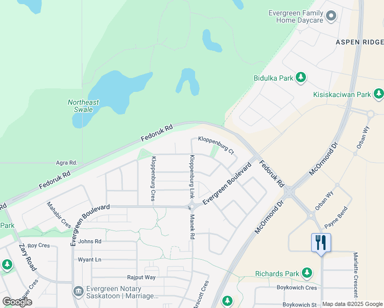 map of restaurants, bars, coffee shops, grocery stores, and more near Kloppenburg Crescent in Saskatoon