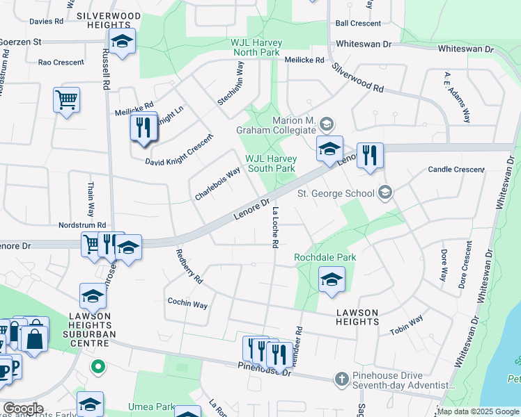 map of restaurants, bars, coffee shops, grocery stores, and more near 449 Lenore Drive in Saskatoon
