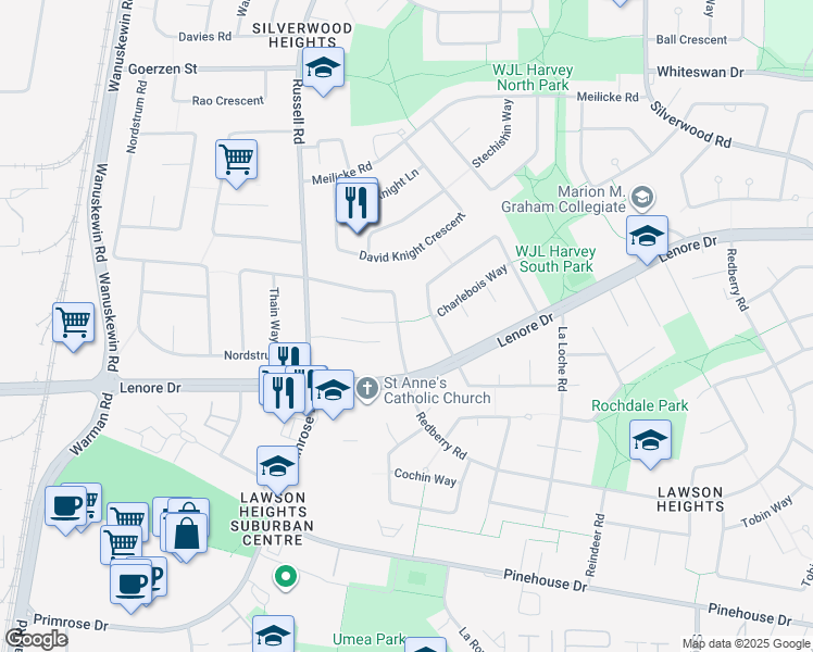 map of restaurants, bars, coffee shops, grocery stores, and more near 226 Roborecki Crescent in Saskatoon
