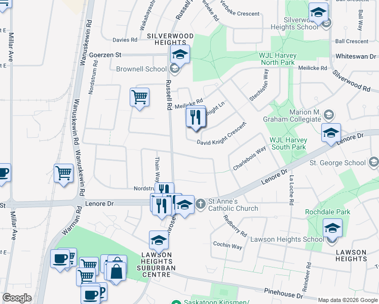 map of restaurants, bars, coffee shops, grocery stores, and more near 122 Roborecki Crescent in Saskatoon