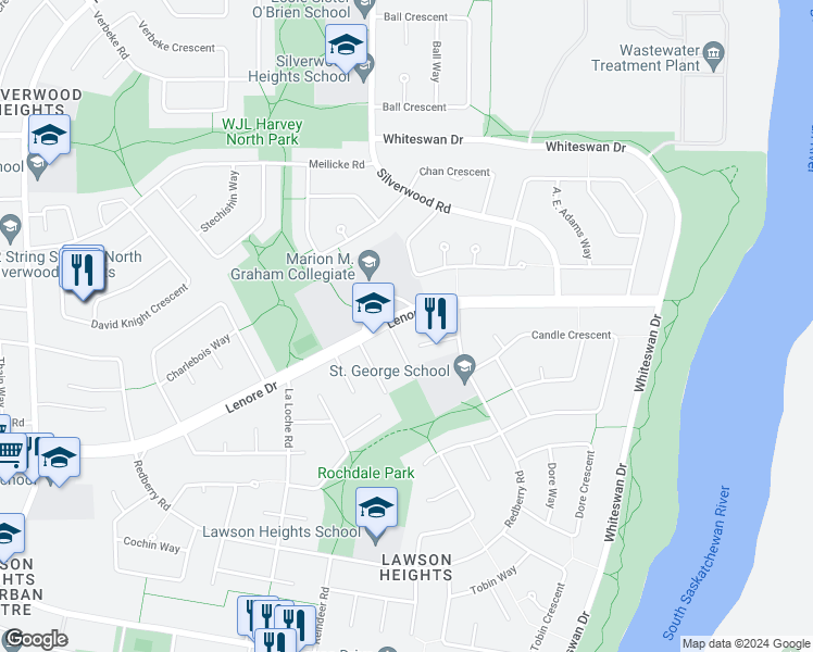 map of restaurants, bars, coffee shops, grocery stores, and more near 615 Lenore Drive in Saskatoon