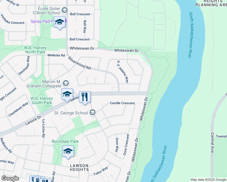 map of restaurants, bars, coffee shops, grocery stores, and more near 748 Lenore Drive in Saskatoon
