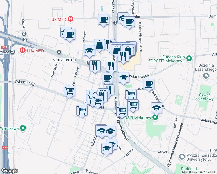 map of restaurants, bars, coffee shops, grocery stores, and more near 53 Wincentego Rzymowskiego in Warszawa