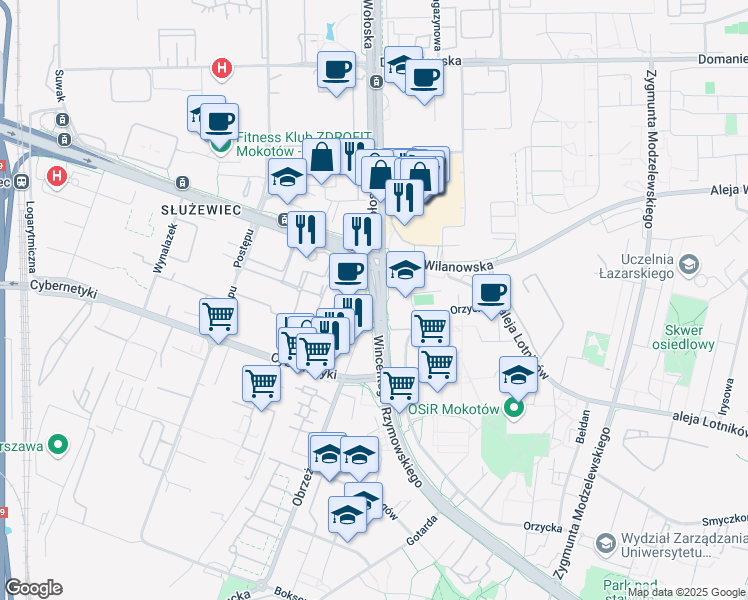 map of restaurants, bars, coffee shops, grocery stores, and more near 53 Wincentego Rzymowskiego in Warszawa