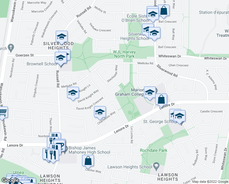 map of restaurants, bars, coffee shops, grocery stores, and more near 207 Stechishin Crescent in Saskatoon