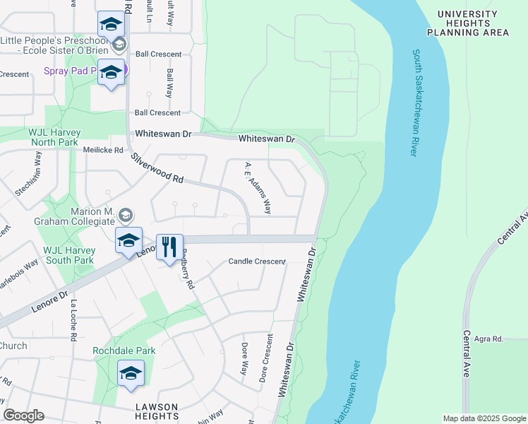 map of restaurants, bars, coffee shops, grocery stores, and more near 459 A. E. Adams Way in Saskatoon