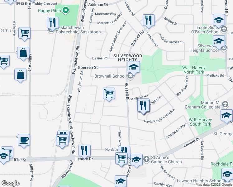 map of restaurants, bars, coffee shops, grocery stores, and more near 255 Russell Road in Saskatoon