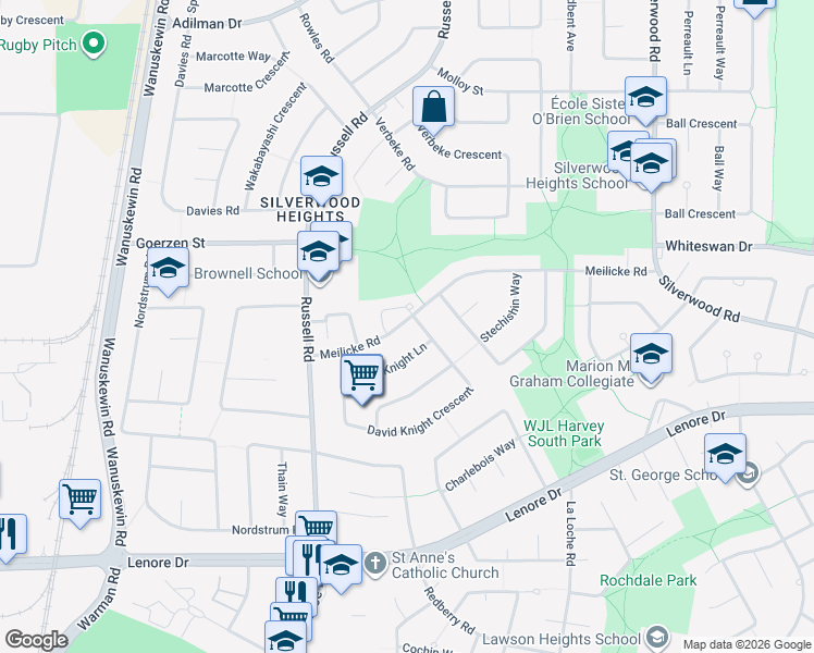map of restaurants, bars, coffee shops, grocery stores, and more near 363 David Knight Crescent in Saskatoon